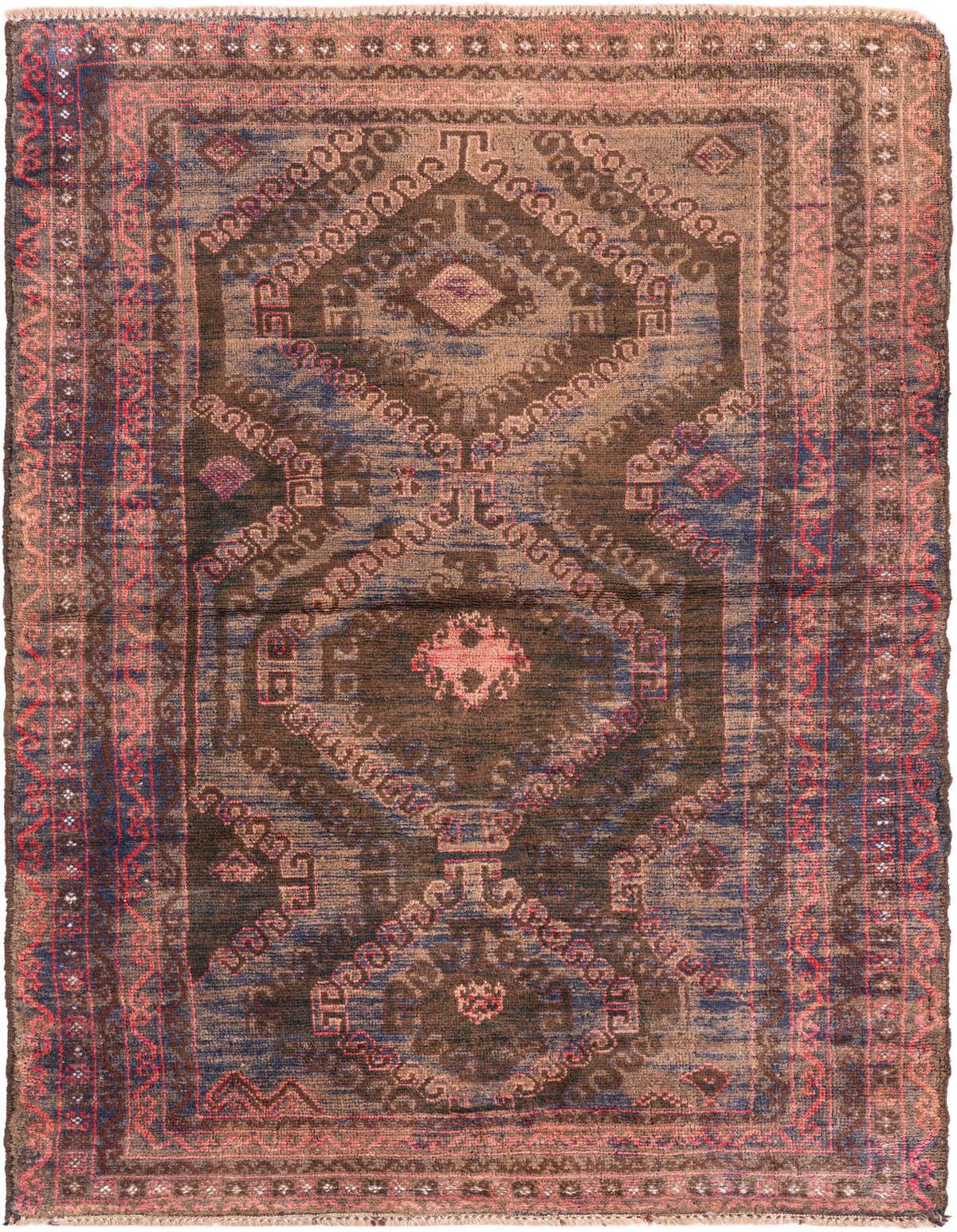A 4x6 rectangular brown and tan wool rug with a distressed Persian-style pattern and hints of blue and red.