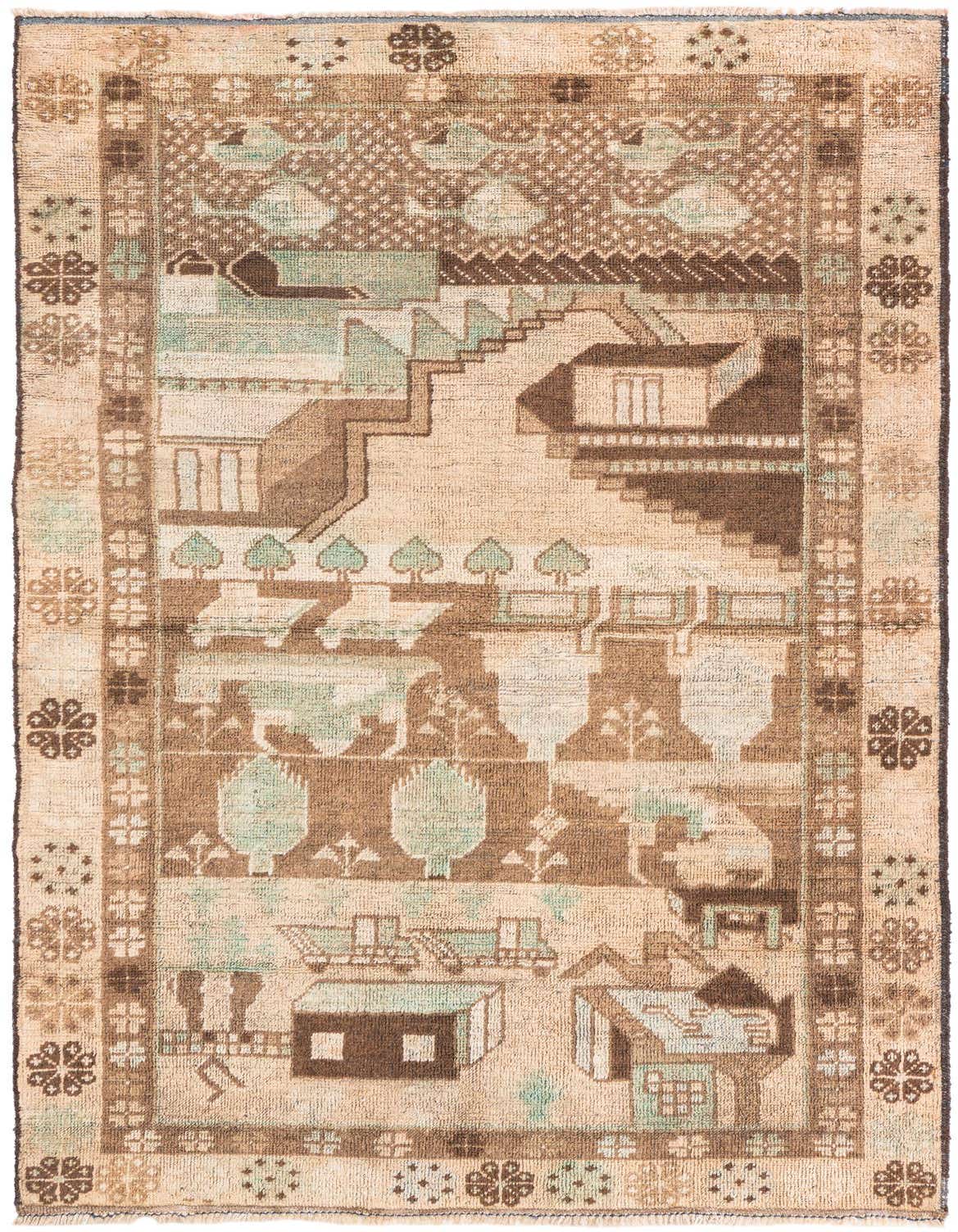 A 4x6 rectangular Ultra Vintage wool rug featuring a detailed Persian-style village scene in browns, tans, and light blue-green.