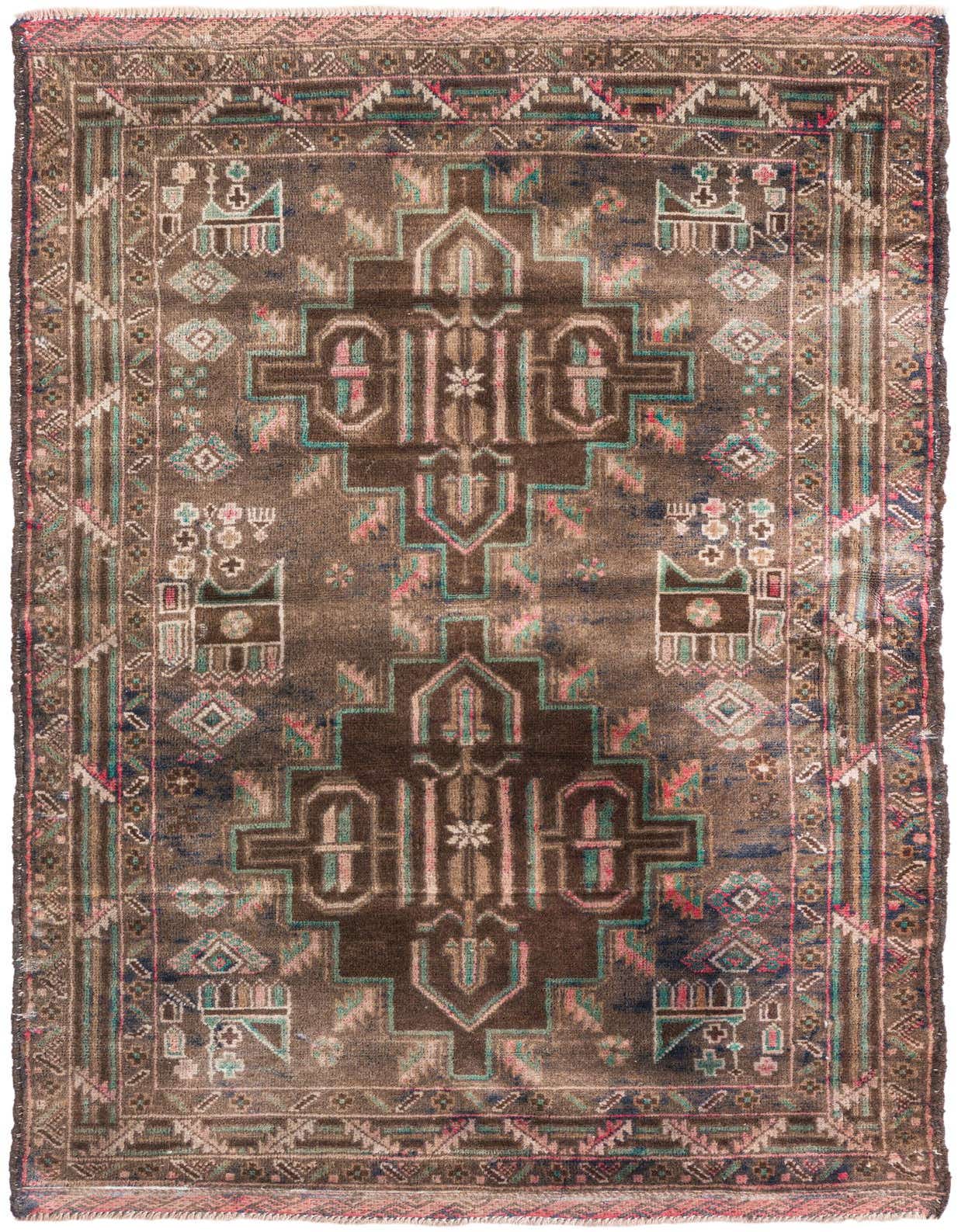 A 3x5 rectangular brown Persian rug with a faded medallion pattern and subtle pink and teal accents.