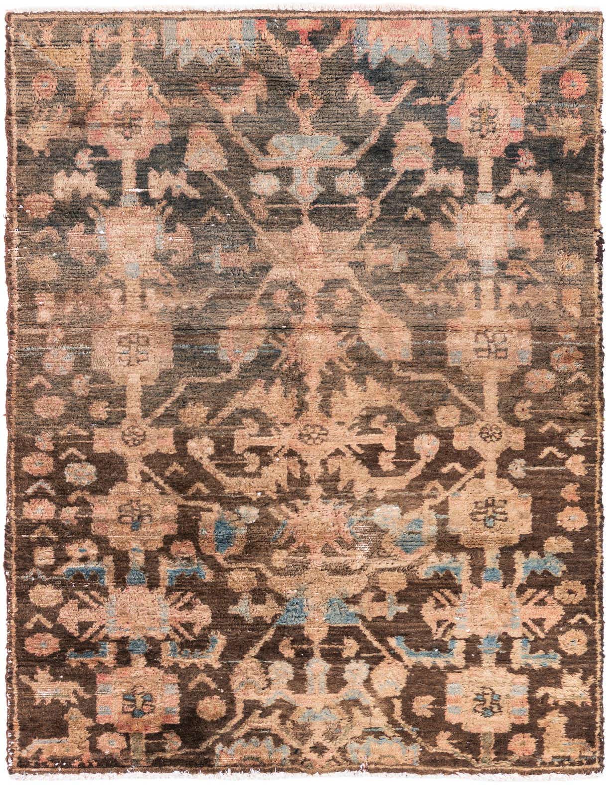 A 3x5 rectangular brown and tan Persian-style wool rug with distressed vintage patterns in an indoor setting.