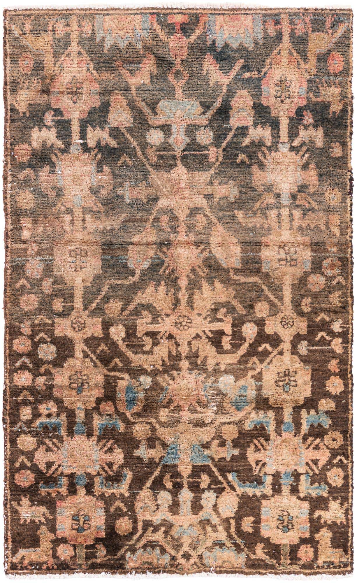 A 3x5 rectangular brown and tan Persian-style wool rug with distressed vintage patterns in an indoor setting.