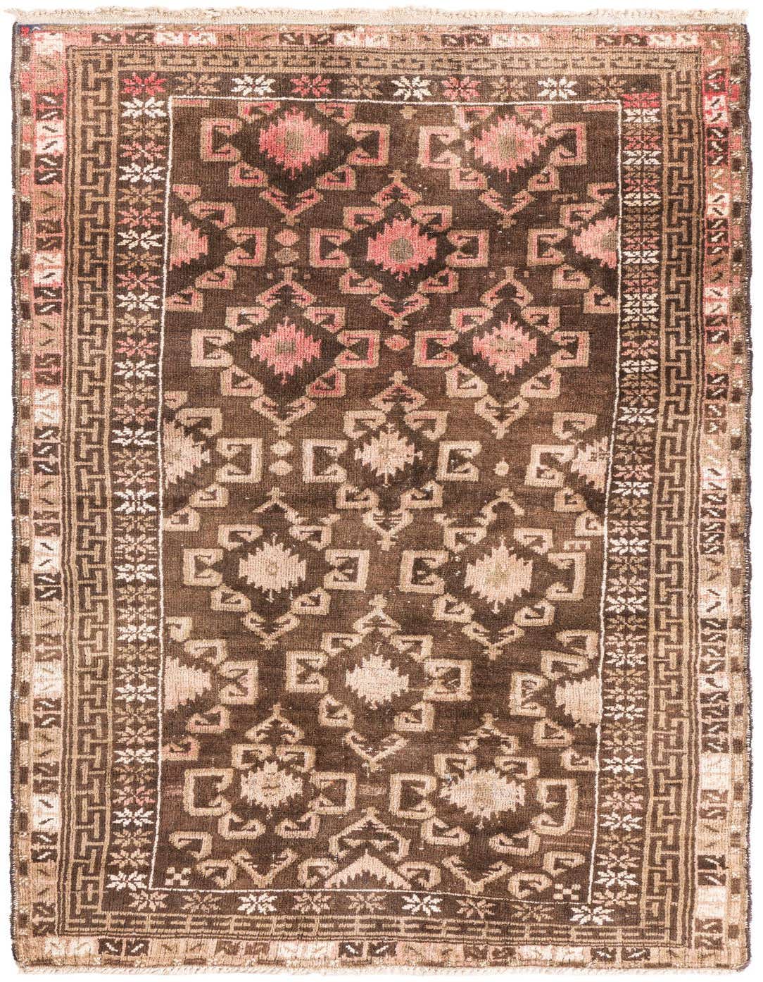 A 4x6 rectangular brown and tan Persian rug with a faded medallion pattern and intricate border.