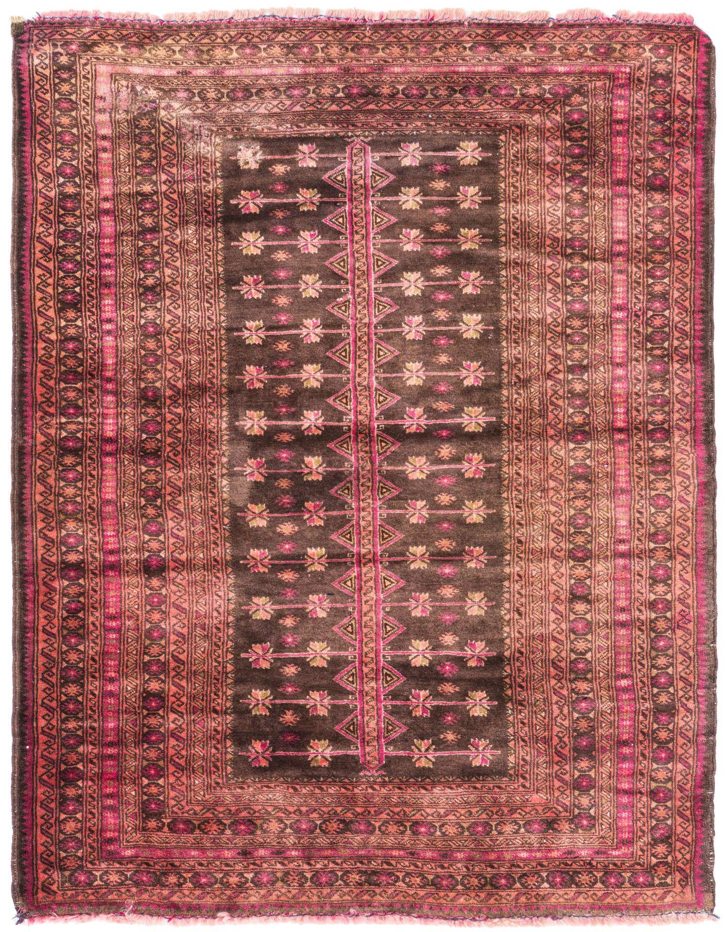 A 3x4 rectangular Ultra Vintage wool rug featuring a dark brown field with pink and tan Persian-style floral and geometric patterns, framed by a multi-layered border.
