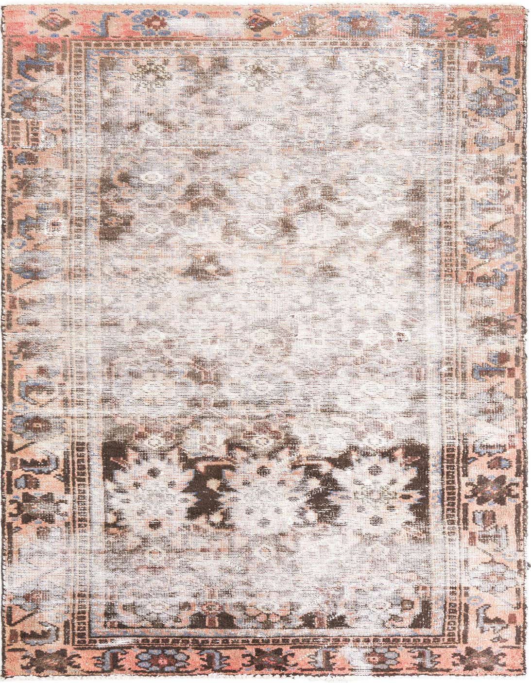 A 5x8 rectangular brown and tan Persian-style wool rug with a distressed vintage pattern, suitable for a living room.
