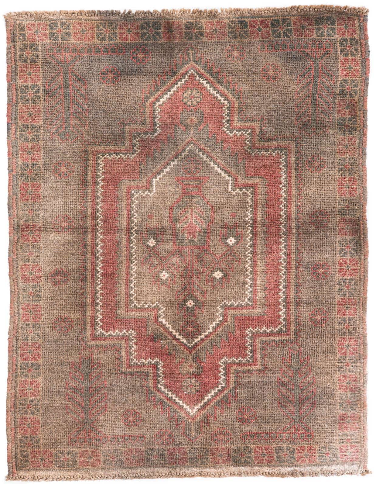 A 3x5 rectangular brown and tan wool rug with a central red and white medallion pattern, featuring a vintage Persian design.