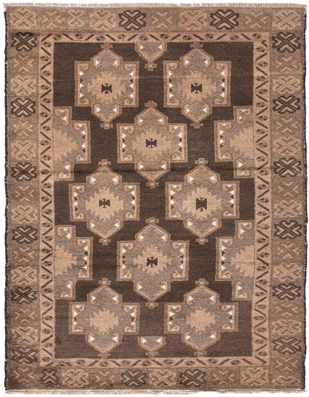 A 4x6 rectangular brown and tan wool rug with a Persian medallion pattern, ideal for a living room.