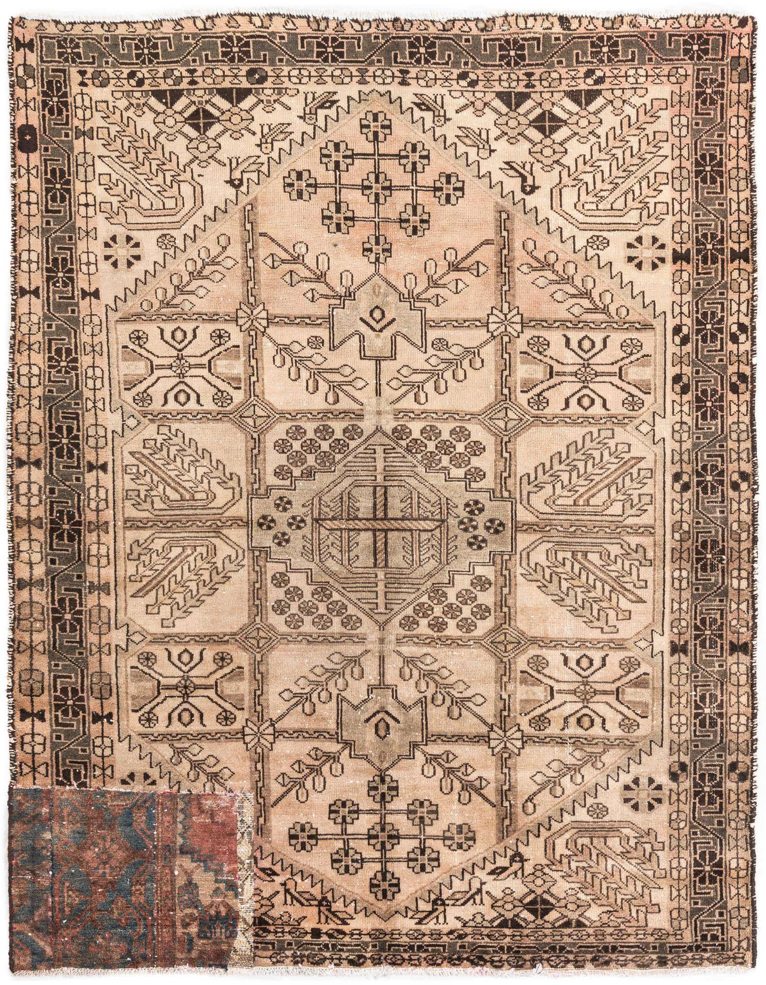 A 5x8 rectangular Ultra Vintage rug with a distressed Persian pattern in shades of brown and tan, featuring intricate geometric and floral motifs.