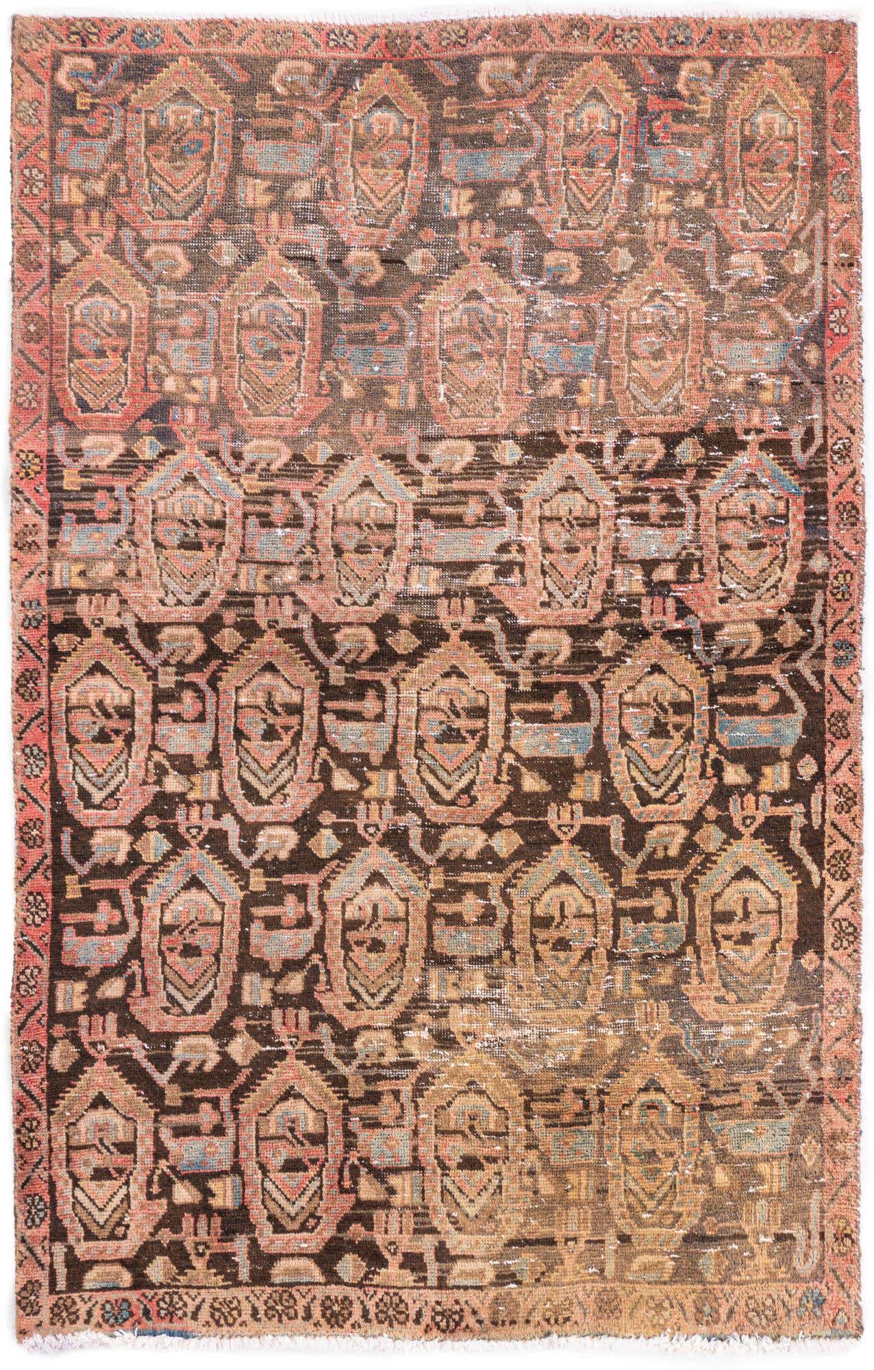 A 4x6 rectangular brown and tan Persian wool rug with faded vintage patterns and a subtle red border.