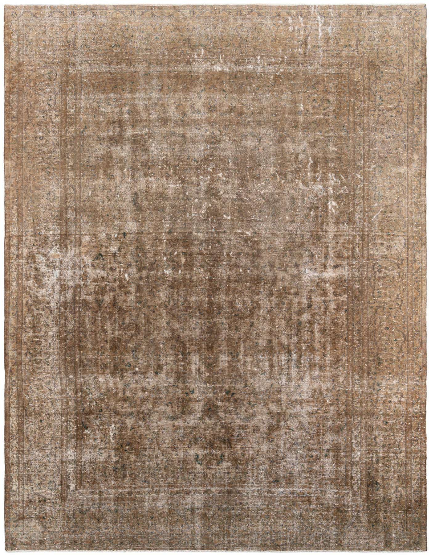 A large 10x14 rectangular Ultra Vintage wool rug in shades of brown and tan, featuring a distressed Persian medallion pattern.