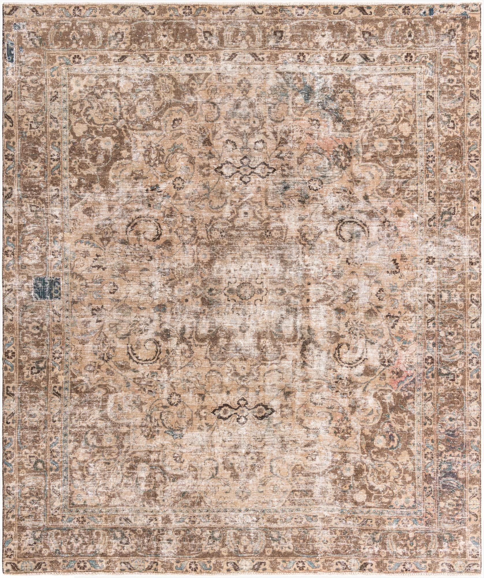 A 10x12 rectangular Ultra Vintage rug in browns and tans with a distressed Persian medallion pattern.