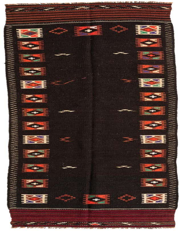 A long, narrow 11 ft runner rug featuring a dark brown field with colorful tribal geometric patterns in squares and diamonds, ideal for a hallway.