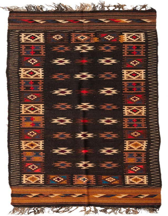 A 11 ft Kilim Fars runner rug in browns and tans, featuring intricate Persian tribal patterns and fringe.