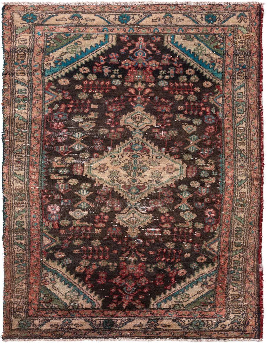 A 7 Ft runner rug with a dark brown field, a central medallion, and intricate Persian patterns in tan, red, and teal.
