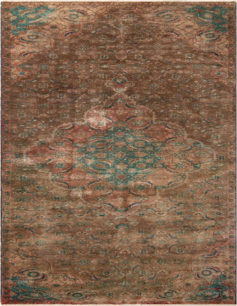 A 10 ft runner rug in brown and tan with a faded Persian medallion pattern in teal and rust, suitable for a hallway.