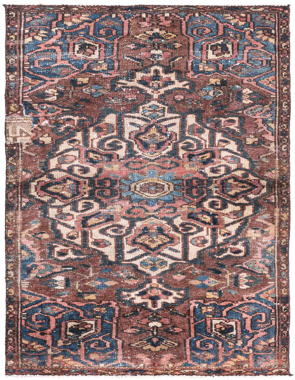A 6 ft runner rug with a distressed Persian medallion pattern in shades of brown, tan, and blue.