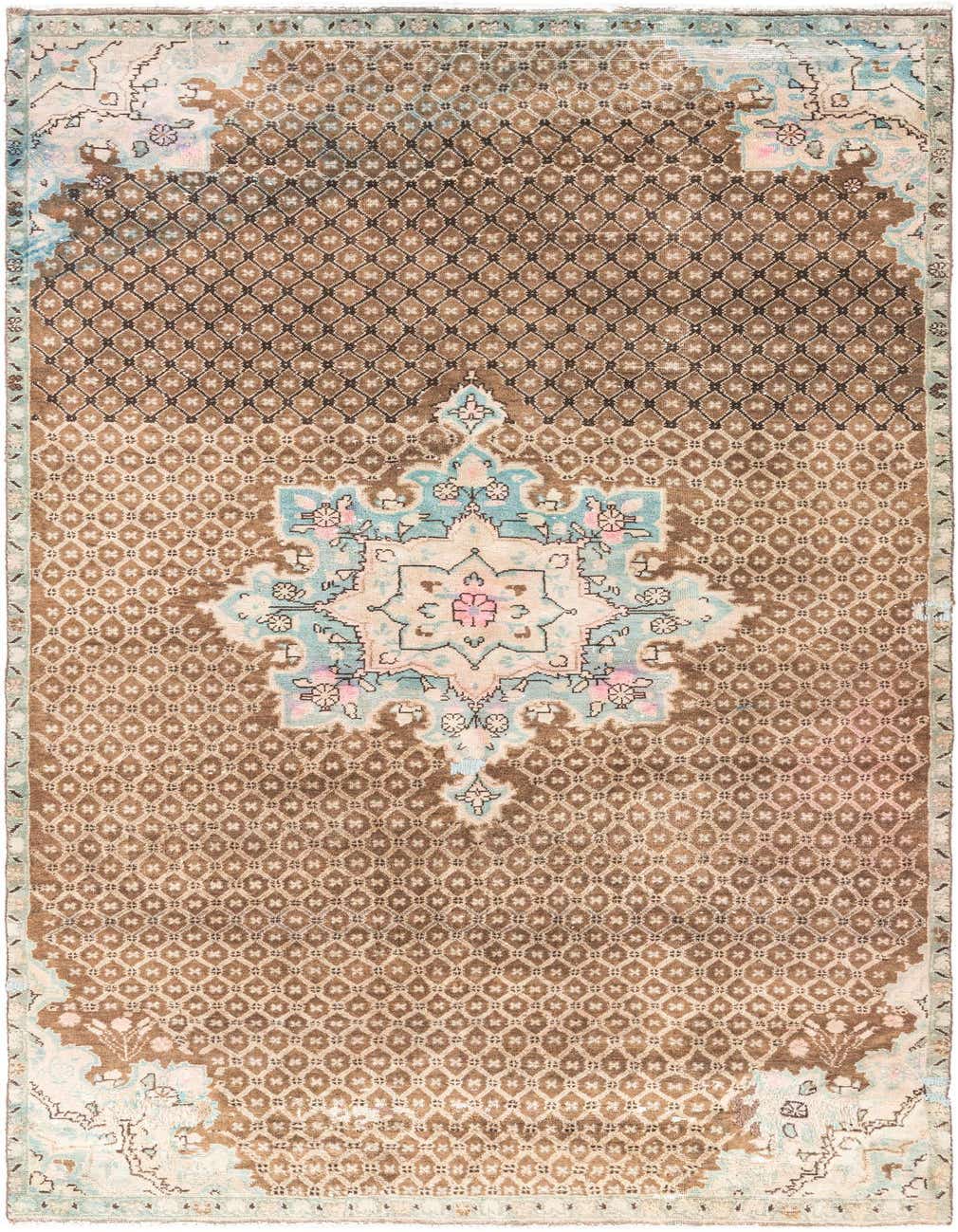 A handmade 8 Ft runner rug in brown and tan with a faded Persian medallion pattern and light blue accents.