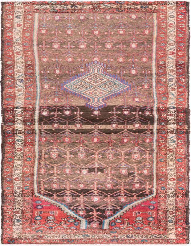 A long 8 ft runner rug featuring a rich brown and tan Persian pattern with a central medallion and red borders, ideal for a hallway or kitchen.
