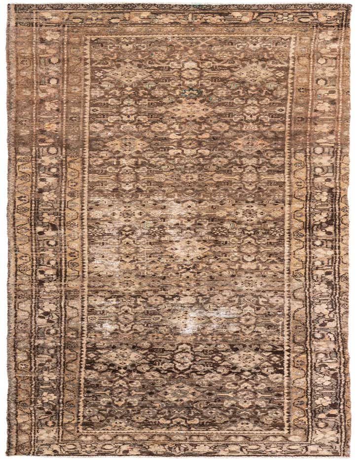 A 10 ft runner rug in shades of brown and tan, featuring a distressed Persian medallion pattern, ideal for a hallway.