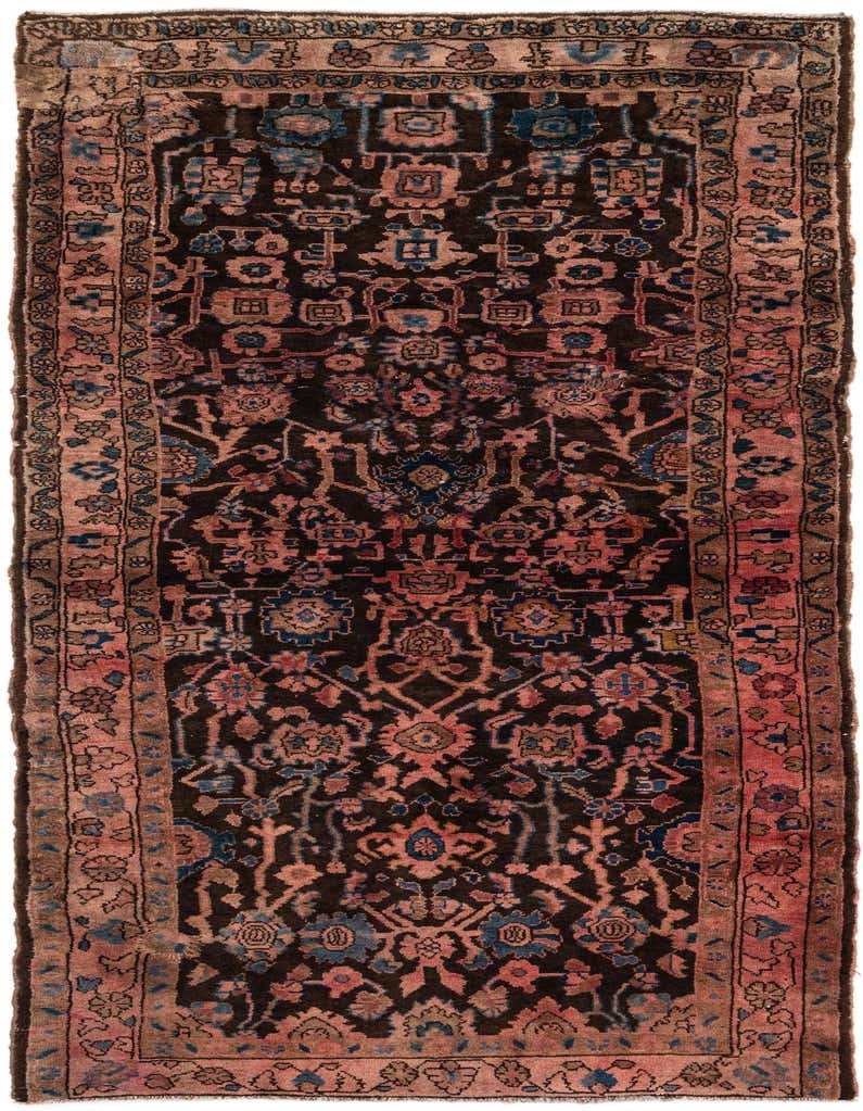 A 9 ft runner rug with a dark brown field, featuring intricate Persian patterns in faded pink, blue, and tan, ideal for a hallway.
