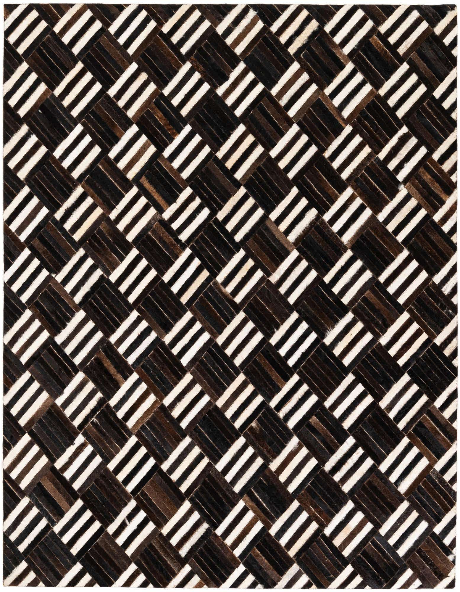 A square 5' 11 x 6' 7 modern cowhide rug with a woven pattern of dark brown and white striped rectangles.