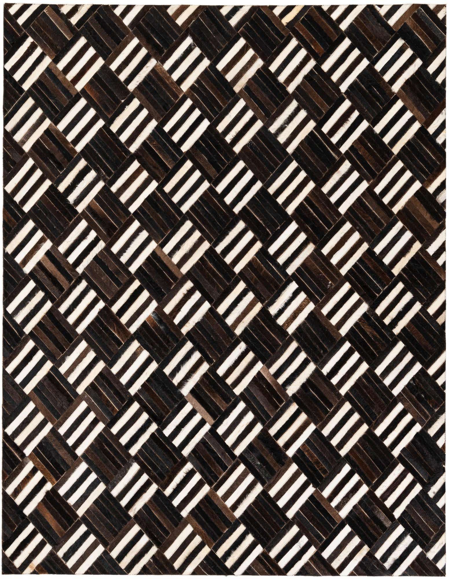 A square Cowhide Stocks rug by Rugs.com featuring a modern geometric pattern of alternating dark brown and white striped squares.