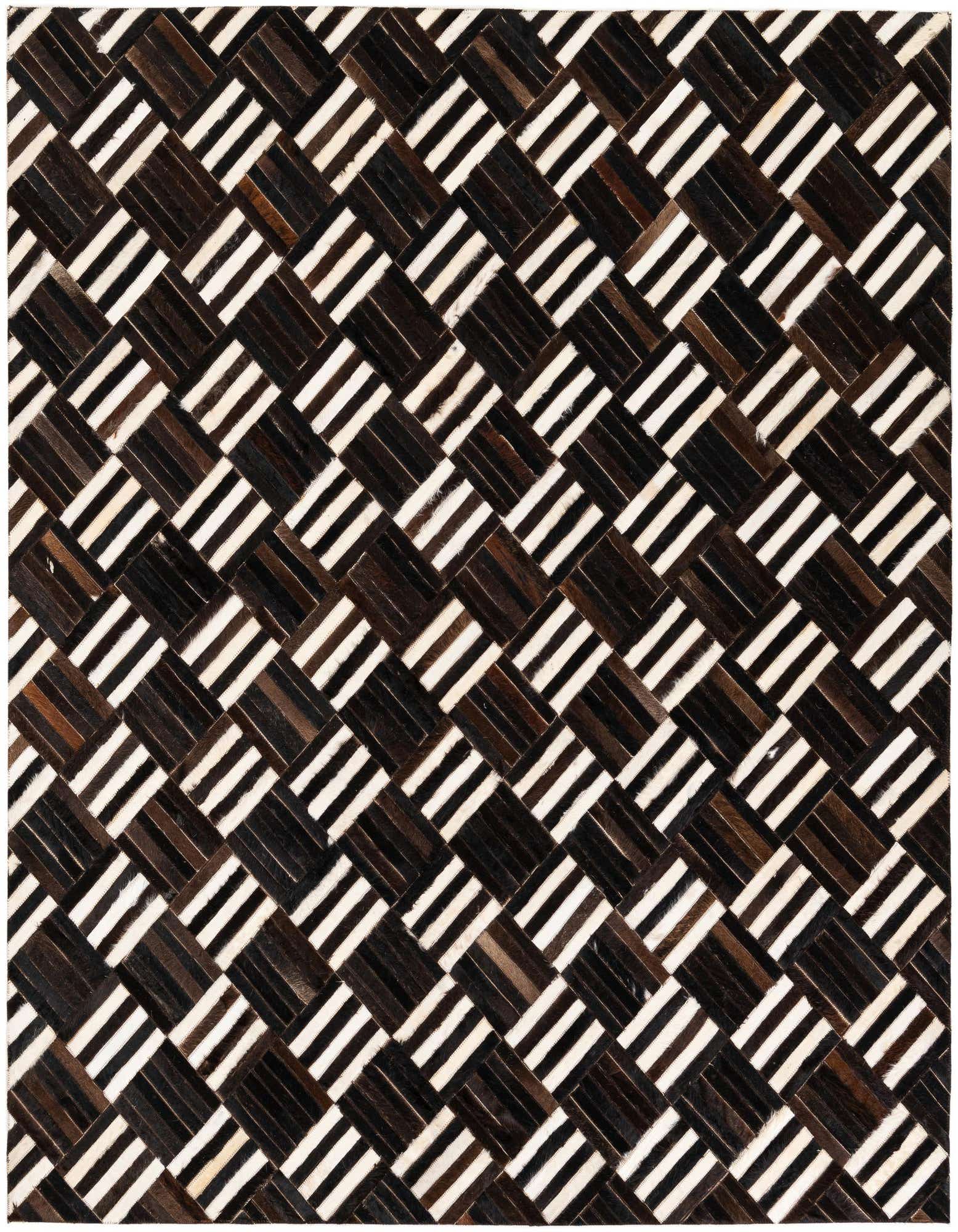 A square Cowhide Stocks rug by Rugs.com featuring a modern geometric pattern of alternating dark brown and white striped squares.