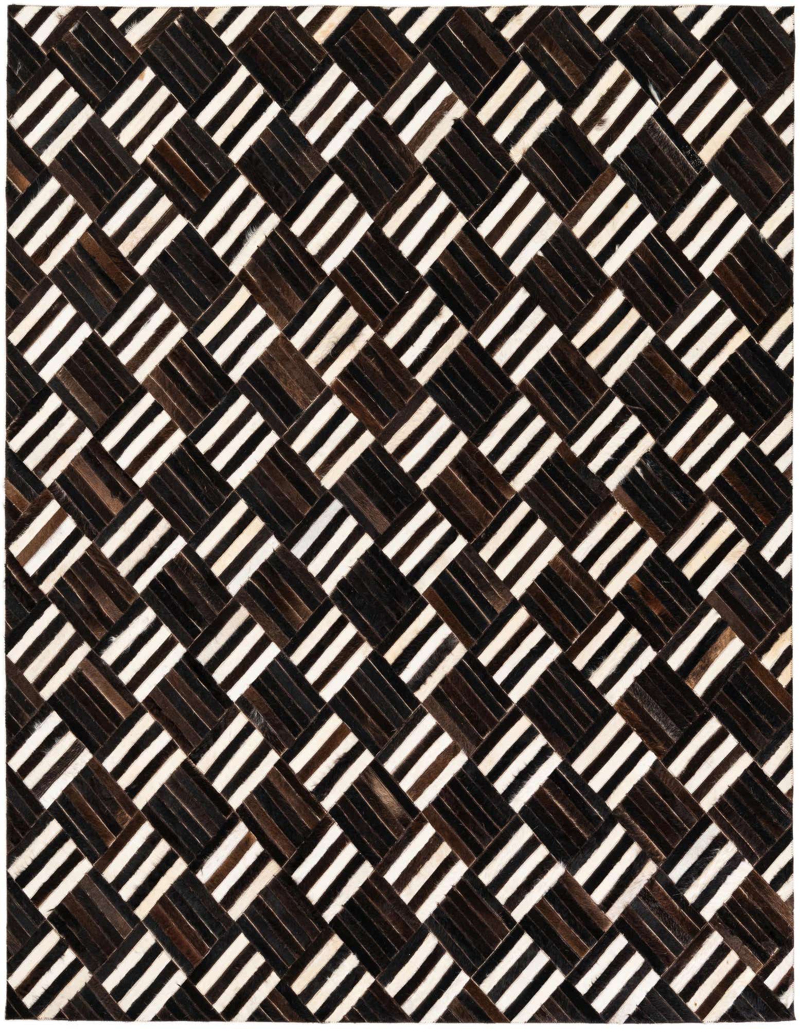 A square Cowhide Stocks rug by Rugs.com, featuring a modern geometric pattern of woven dark brown and white striped cowhide squares.