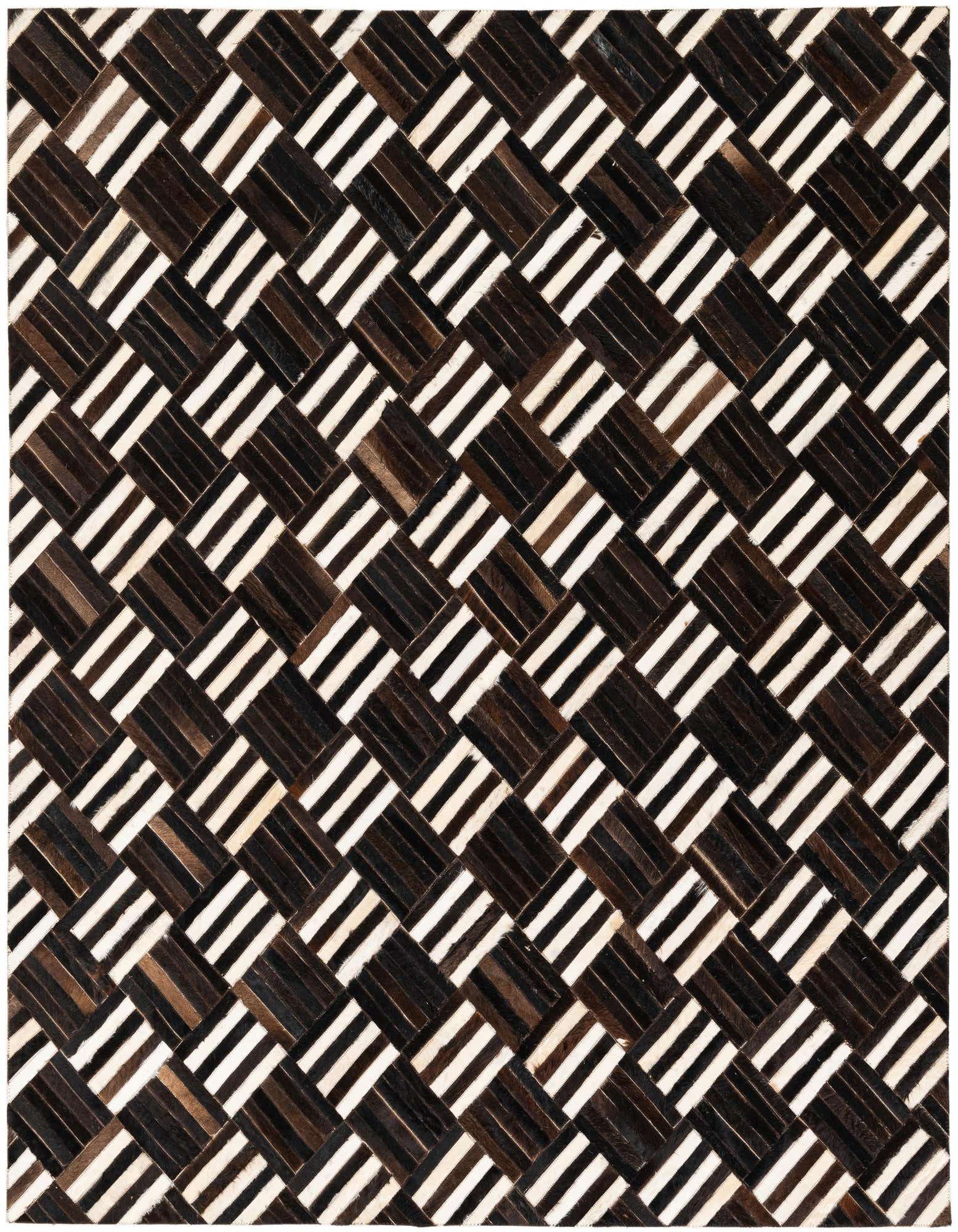 A square Cowhide Stocks rug by Rugs.com, featuring a modern geometric pattern of woven brown and tan cowhide strips.