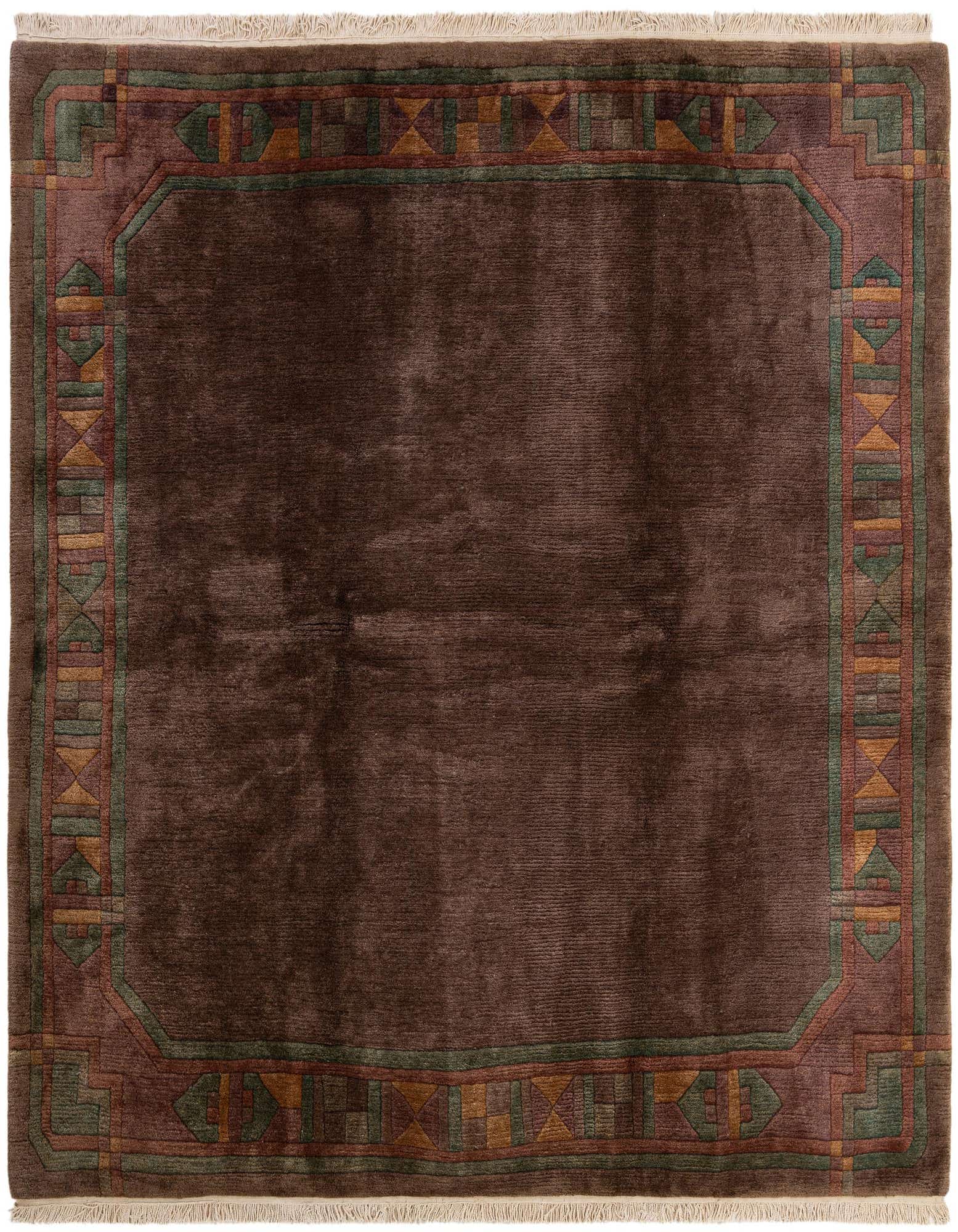 A square 8' 0 x 8' 1 Tibet Collection wool rug featuring a solid brown field with a multi-colored geometric border.