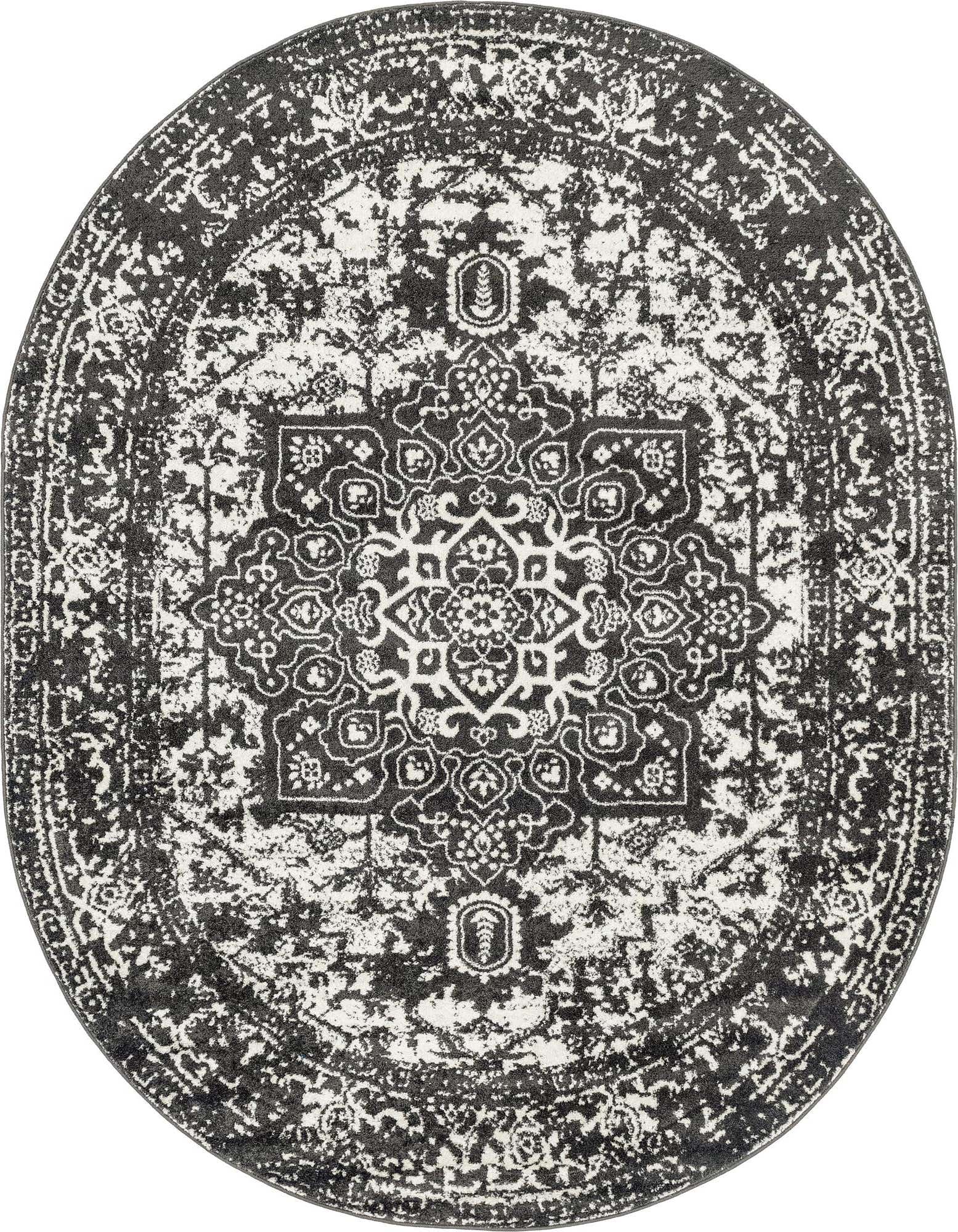 An oval 7'10" x 10'0" gray and white distressed traditional medallion area rug with a thin pile.