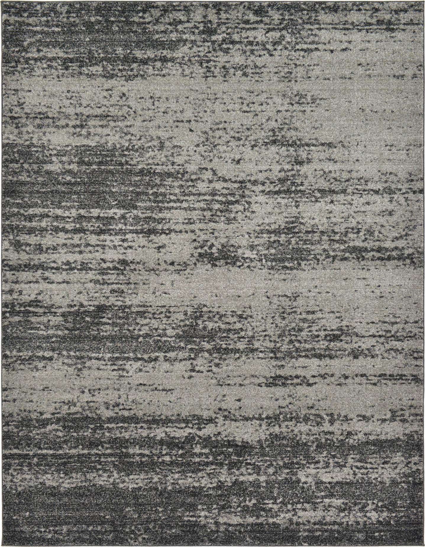 A 7x10 rectangular gray area rug with a contemporary, distressed horizontal stripe pattern, ideal for a living room.