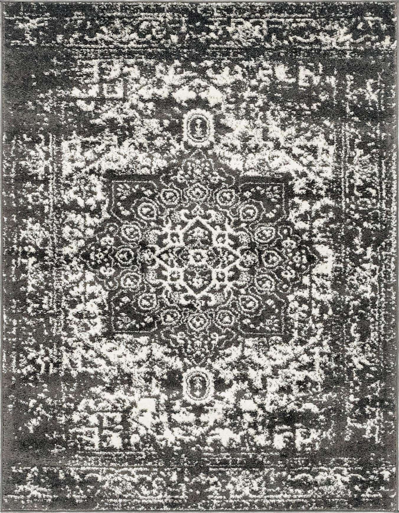 A 4x6 rectangular gray and silver area rug with a distressed traditional medallion pattern, ideal for a living room.