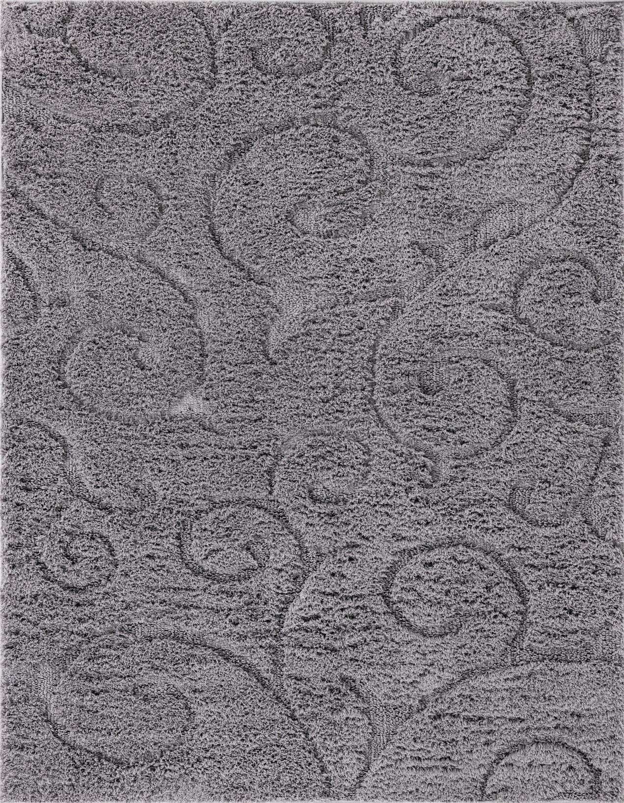 A 4x6 rectangular gray area rug with a textured high-low pile featuring a subtle contemporary swirl pattern.