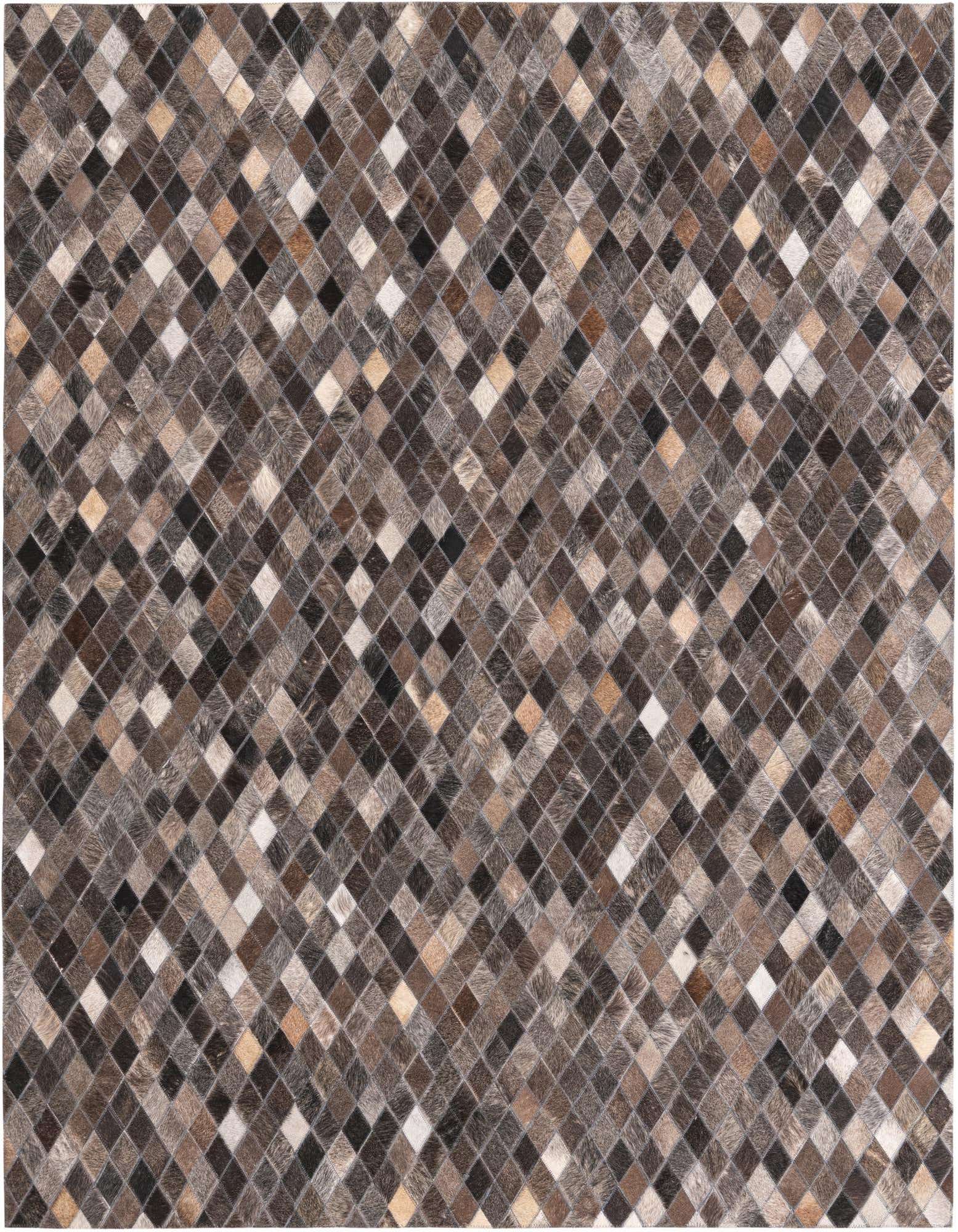 A 5x8 rectangular Cowhide & Leather rug featuring a modern geometric pattern of varied gray, silver, brown, and black diamond-shaped patches.