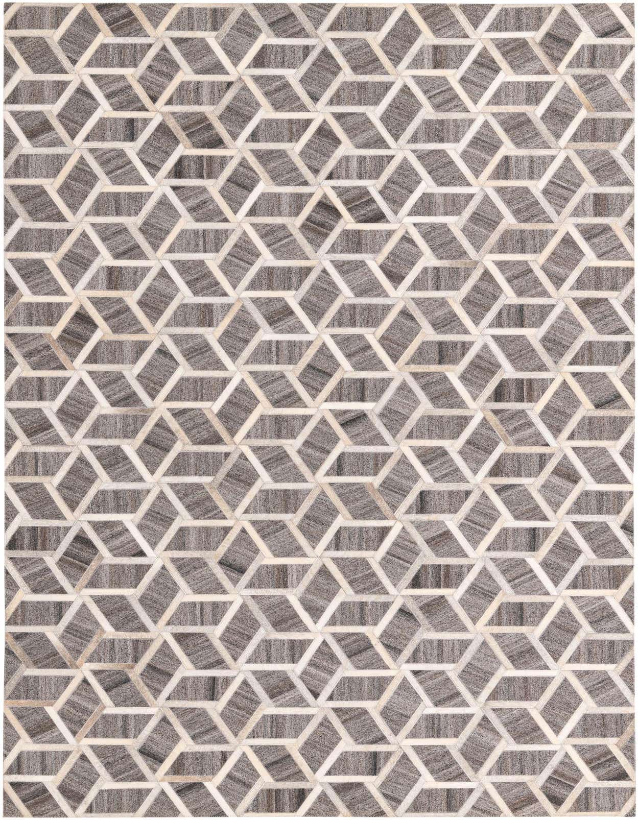 A 5x8 rectangular Cowhide rug featuring a modern geometric pattern of interlocking gray and silver cubes.