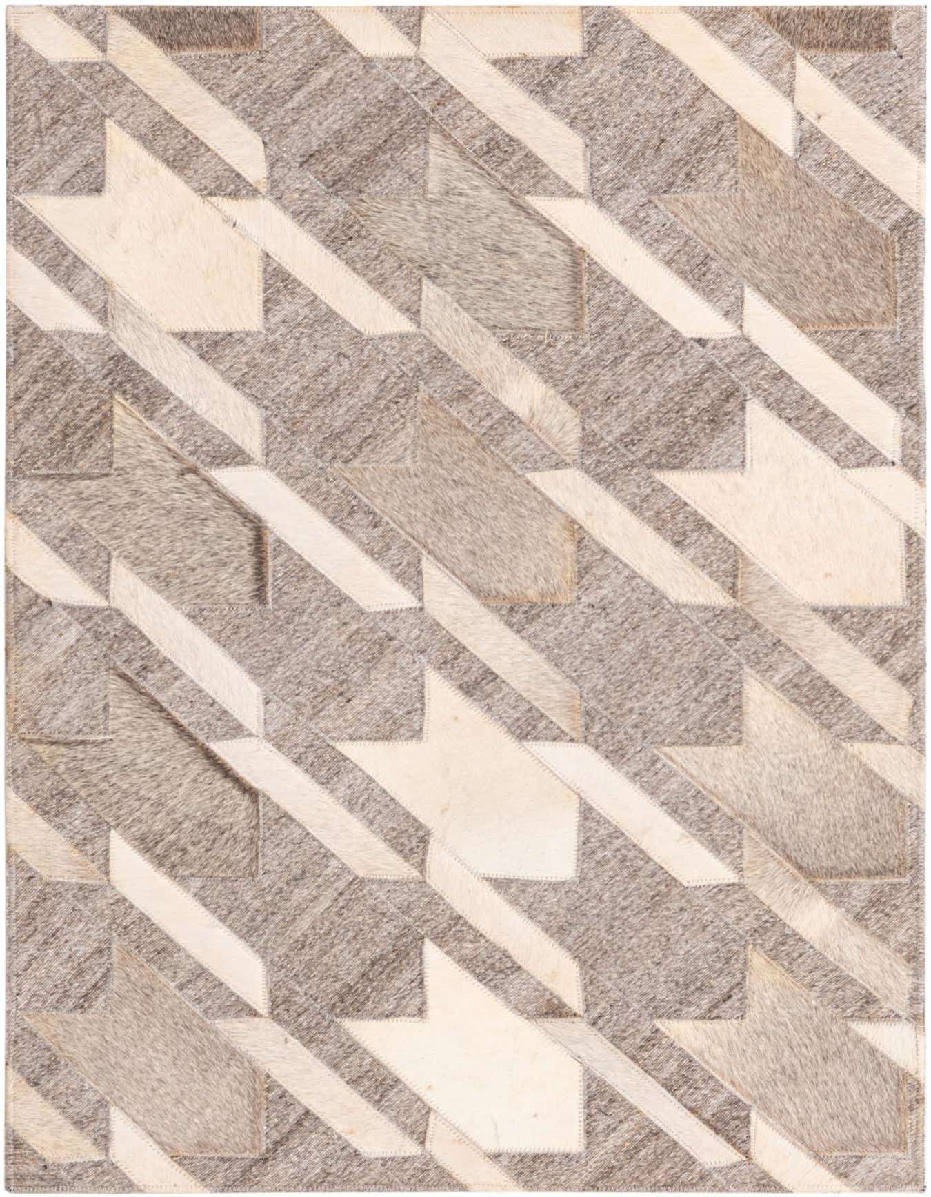 A 2x3 rectangular Cowhide rug featuring a modern geometric pattern in various shades of gray and silver.