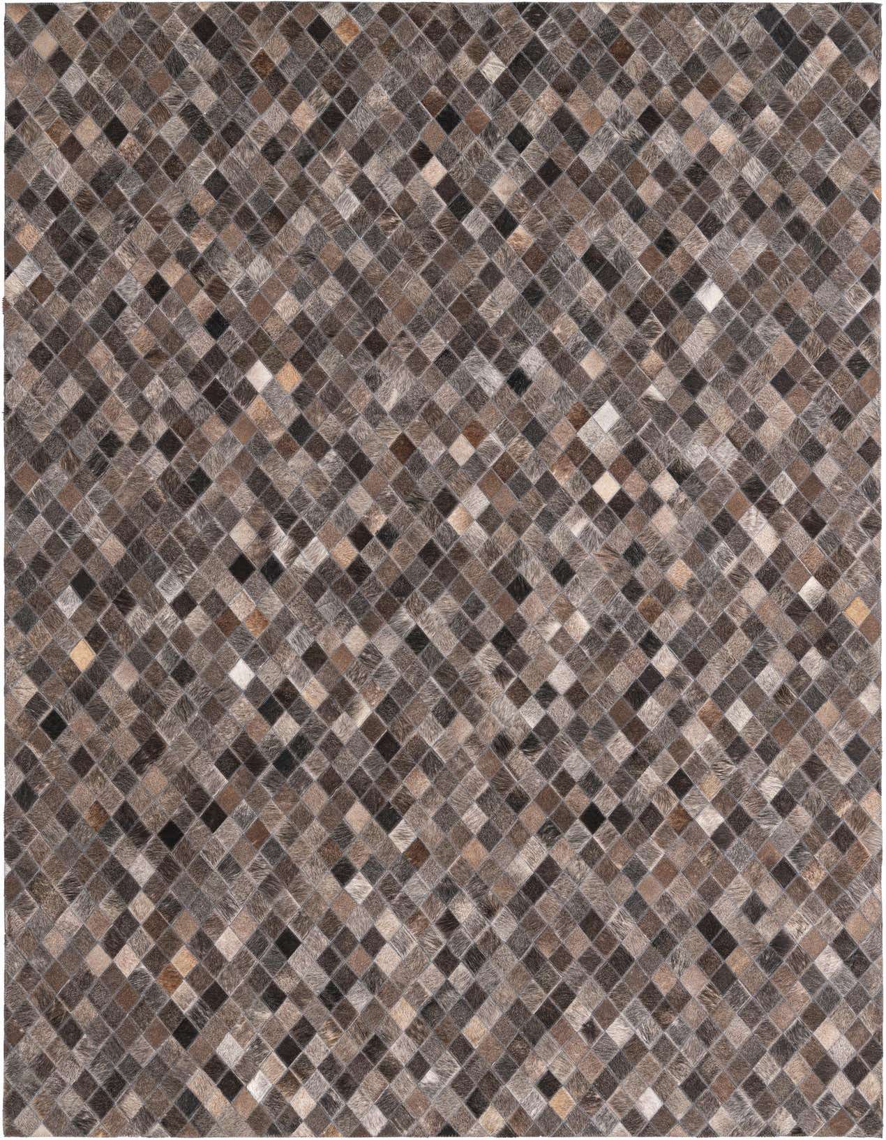 A 5x8 rectangular cowhide rug featuring a modern diamond pattern in various shades of gray and silver.