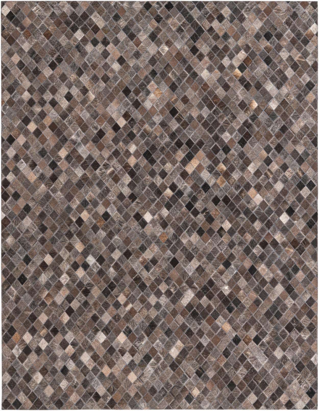 A 5x8 rectangular Cowhide rug featuring a modern diamond pattern in various shades of gray and silver.