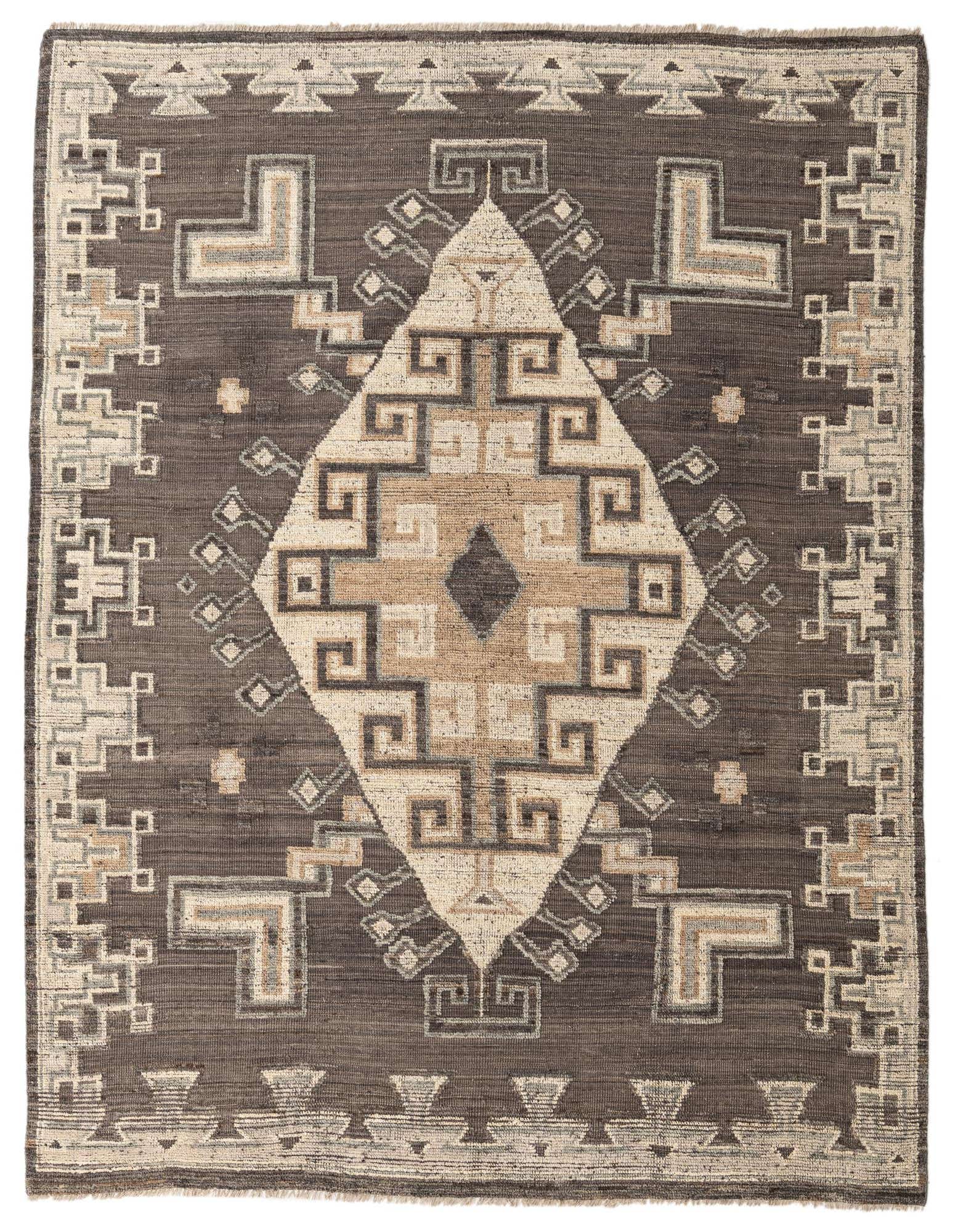 A rectangular 8x10 gray wool area rug with a modern medallion pattern in light gray, beige, and dark gray.