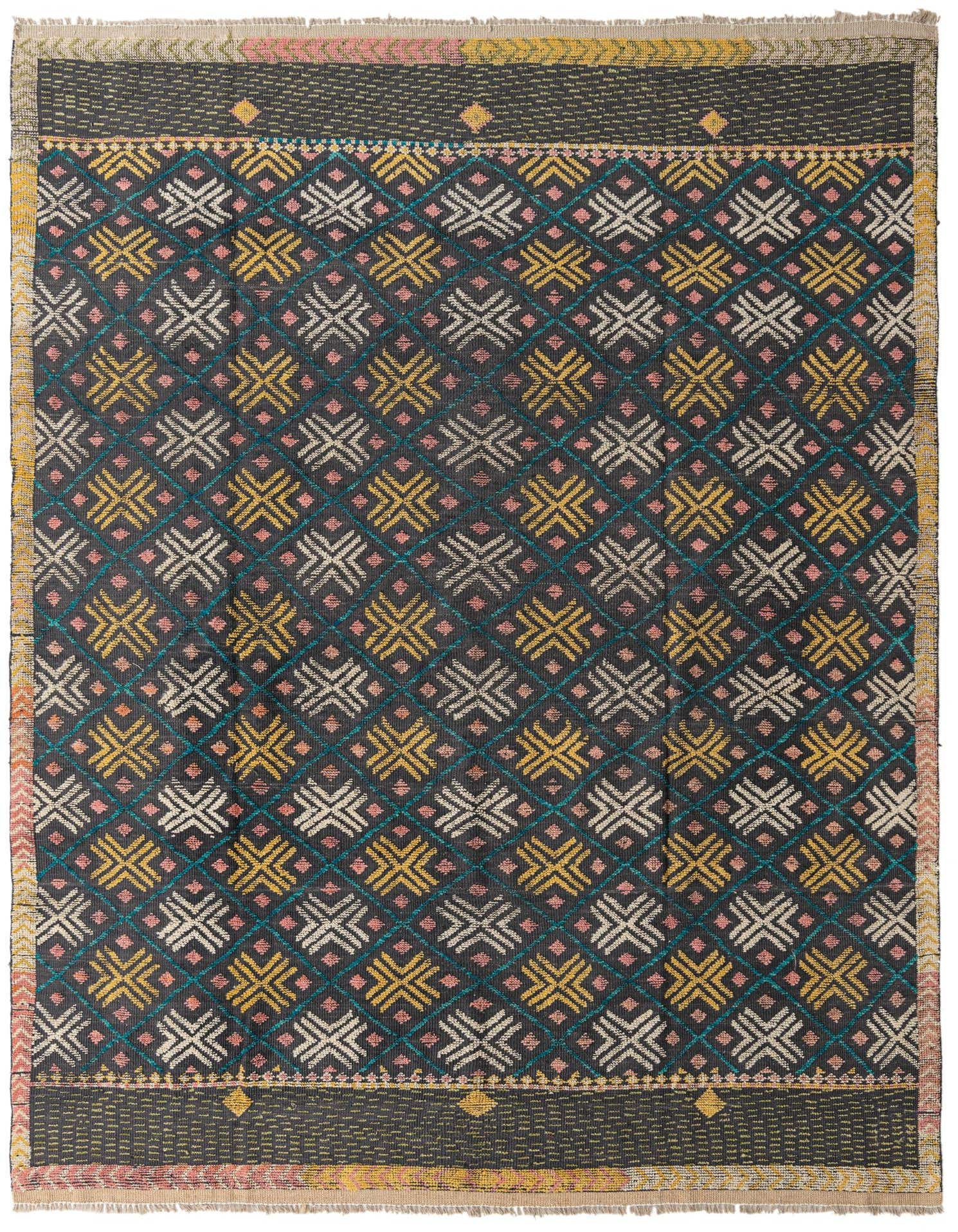 A rectangular 8x11 Darya wool rug with a dark gray background and a modern abstract pattern of white, yellow, and teal geometric shapes.