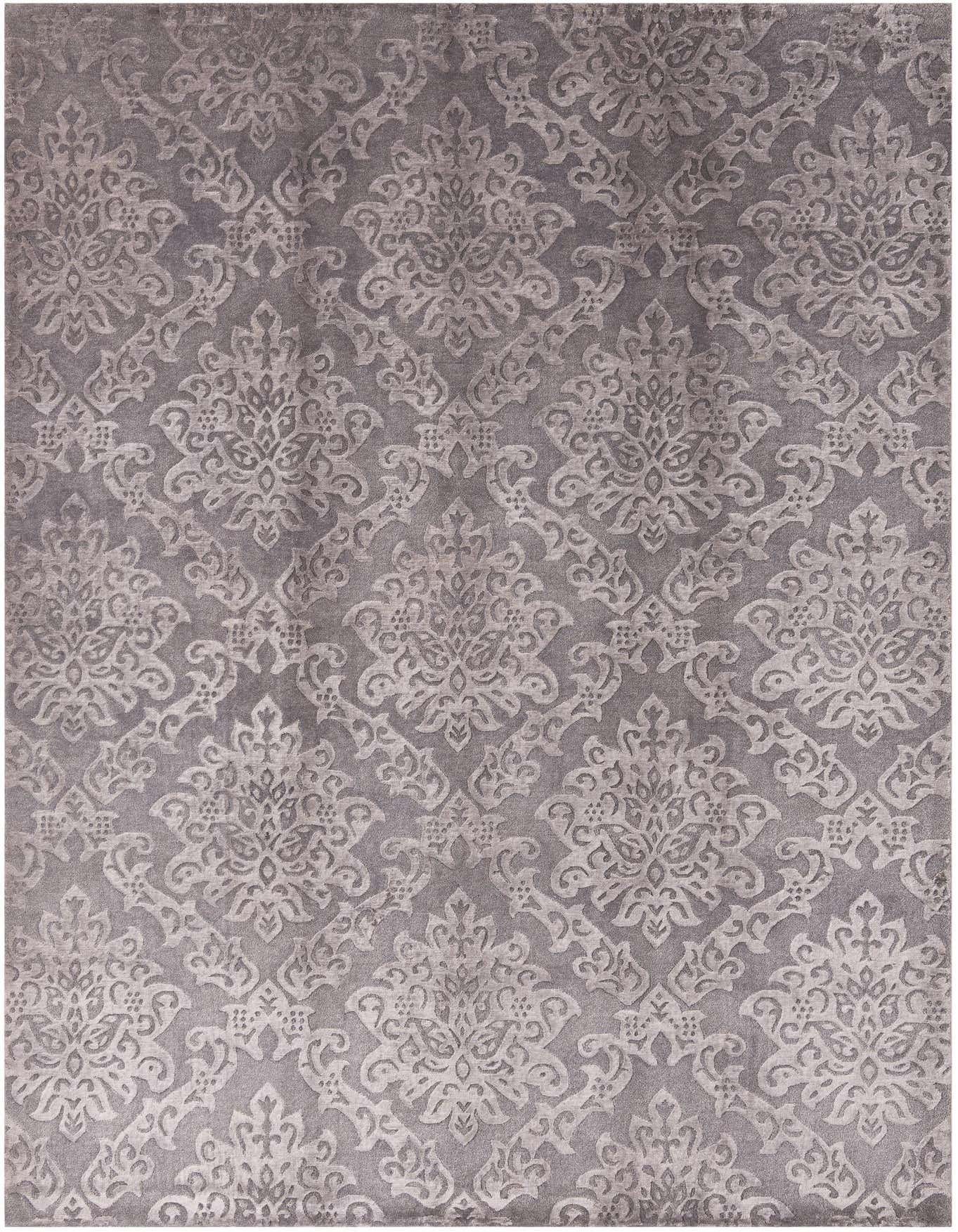A 7x10 rectangular gray wool rug with an elegant, subtle modern oriental damask pattern, suitable for a living room.