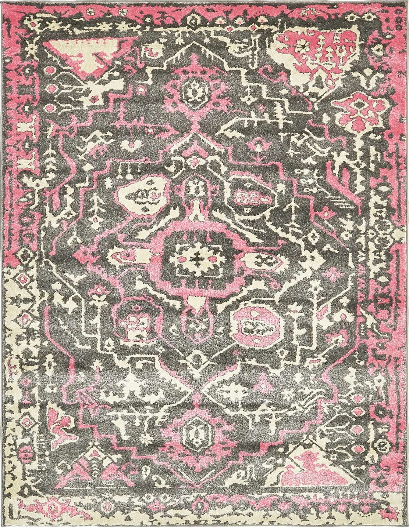A 5x8 rectangular Delilah rug in gray and pink with a distressed traditional medallion pattern, perfect for a living room.