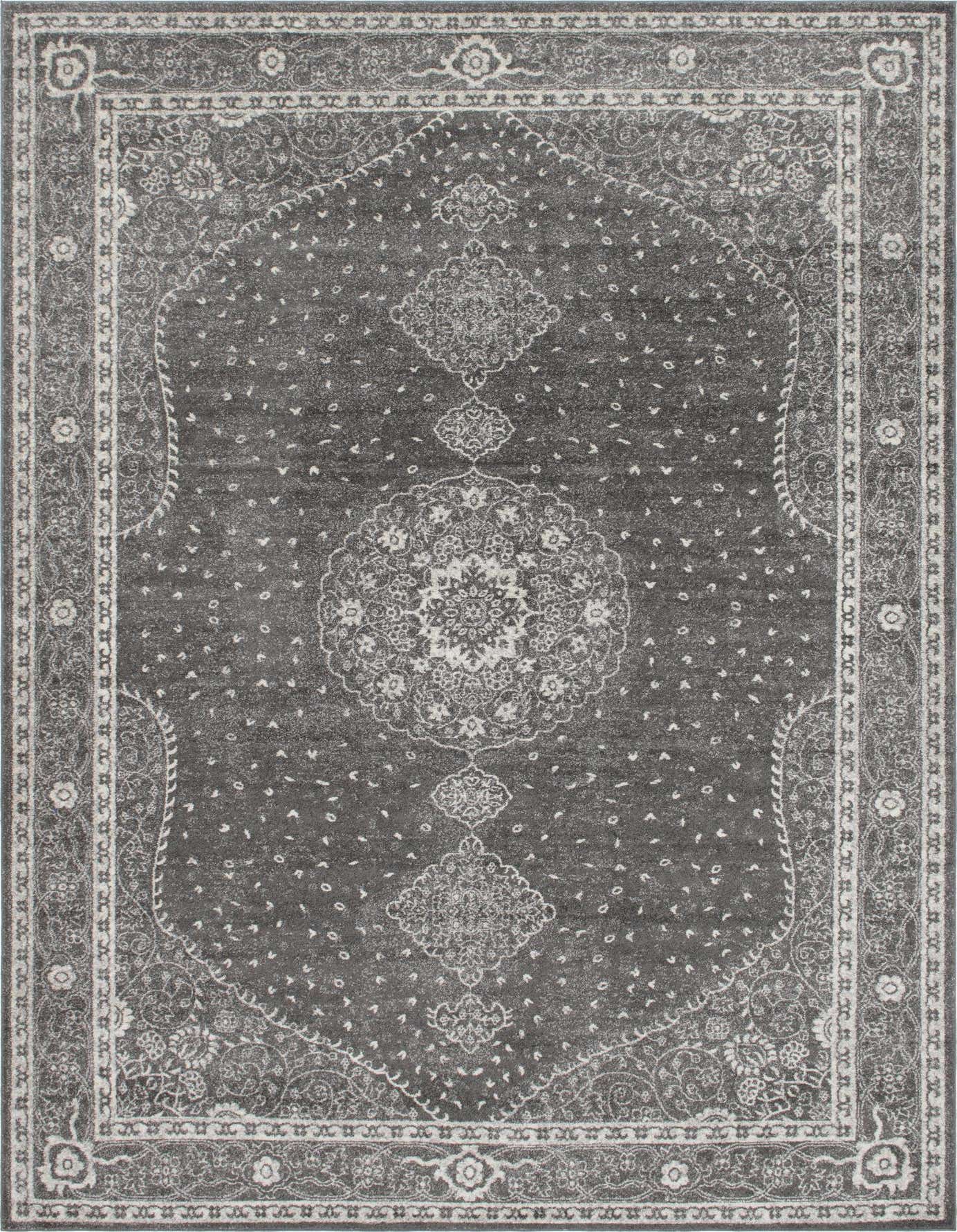 A 10x14 rectangular gray area rug with a distressed traditional medallion and border pattern, suitable for indoor spaces.