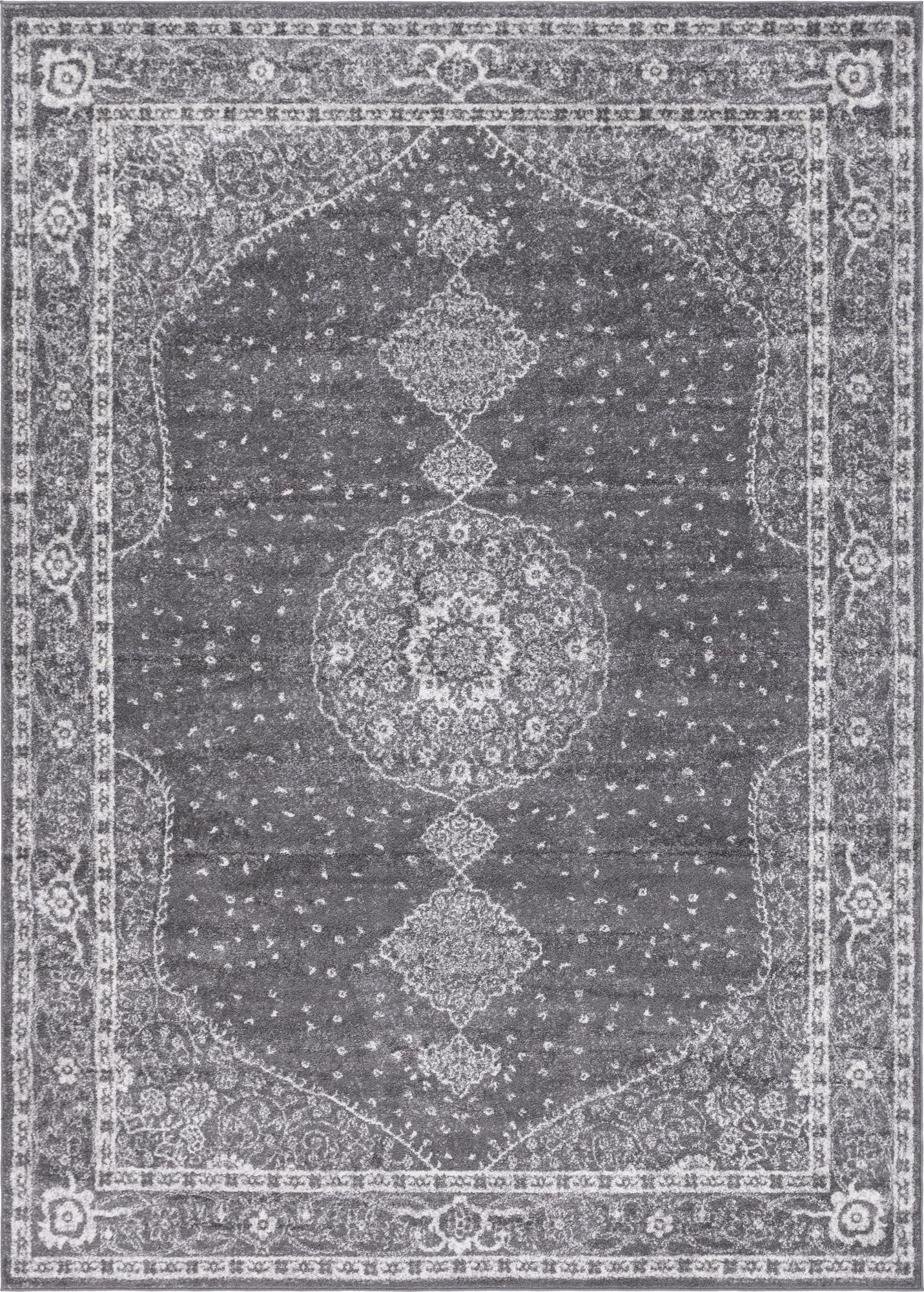 An 8x11 rectangular gray shabby-chic area rug with a vintage medallion pattern and intricate border.