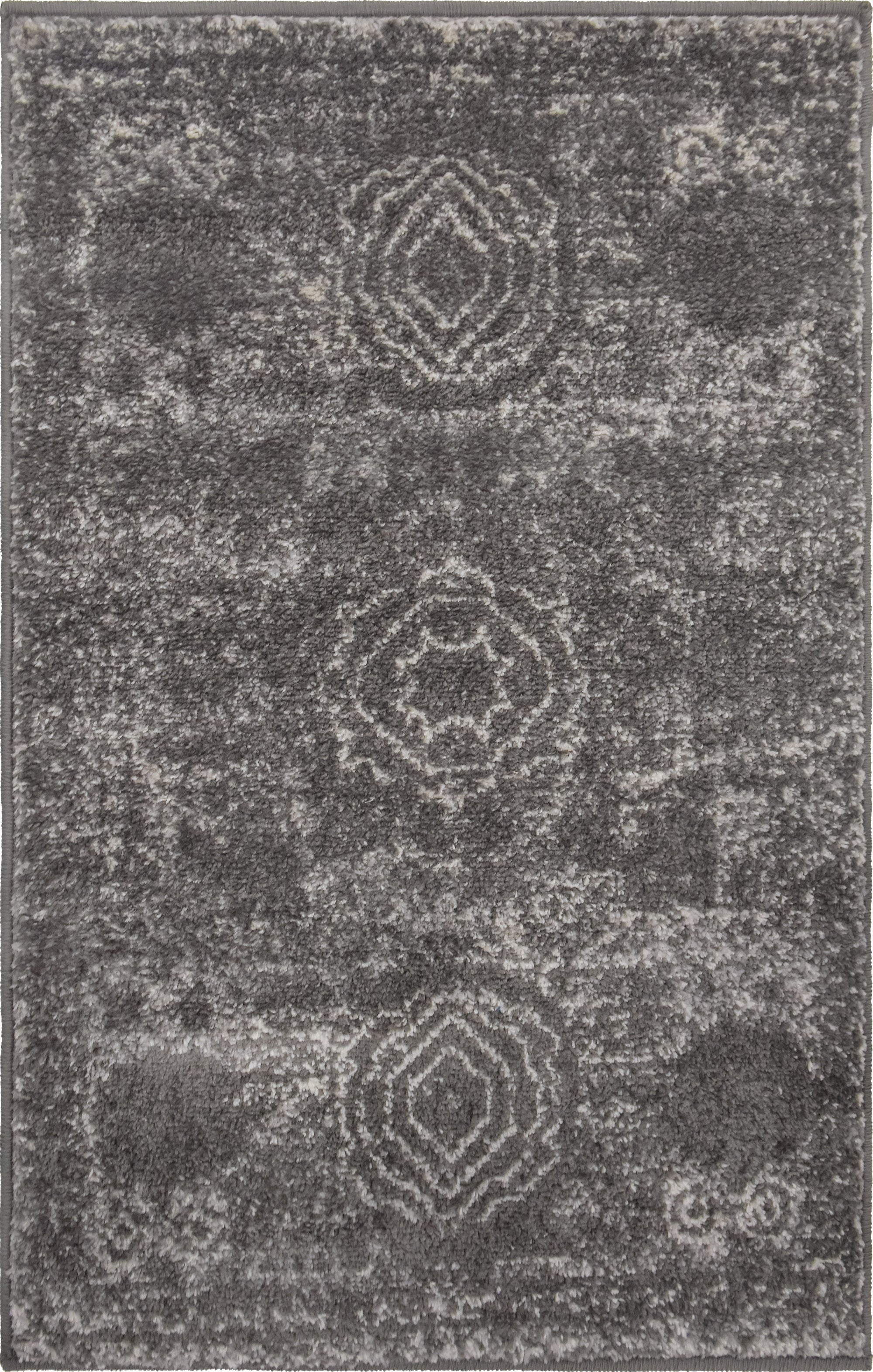 A 2x3 rectangular gray shabby-chic rug with a distressed medallion pattern, ideal for an entryway or kitchen.