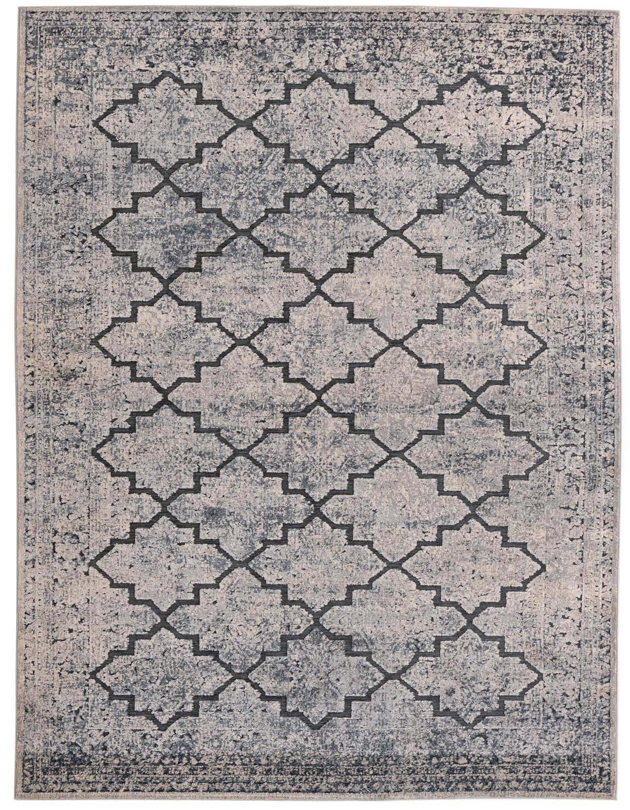 A 5x8 rectangular gray modern area rug with a distressed texture and a repeating dark gray geometric trellis pattern.