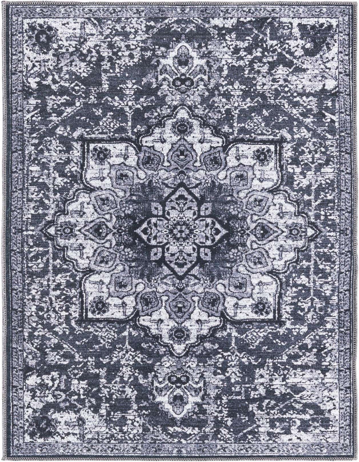 A 3x5 rectangular gray and silver traditional medallion rug with a distressed vintage look, suitable for a living room or patio.