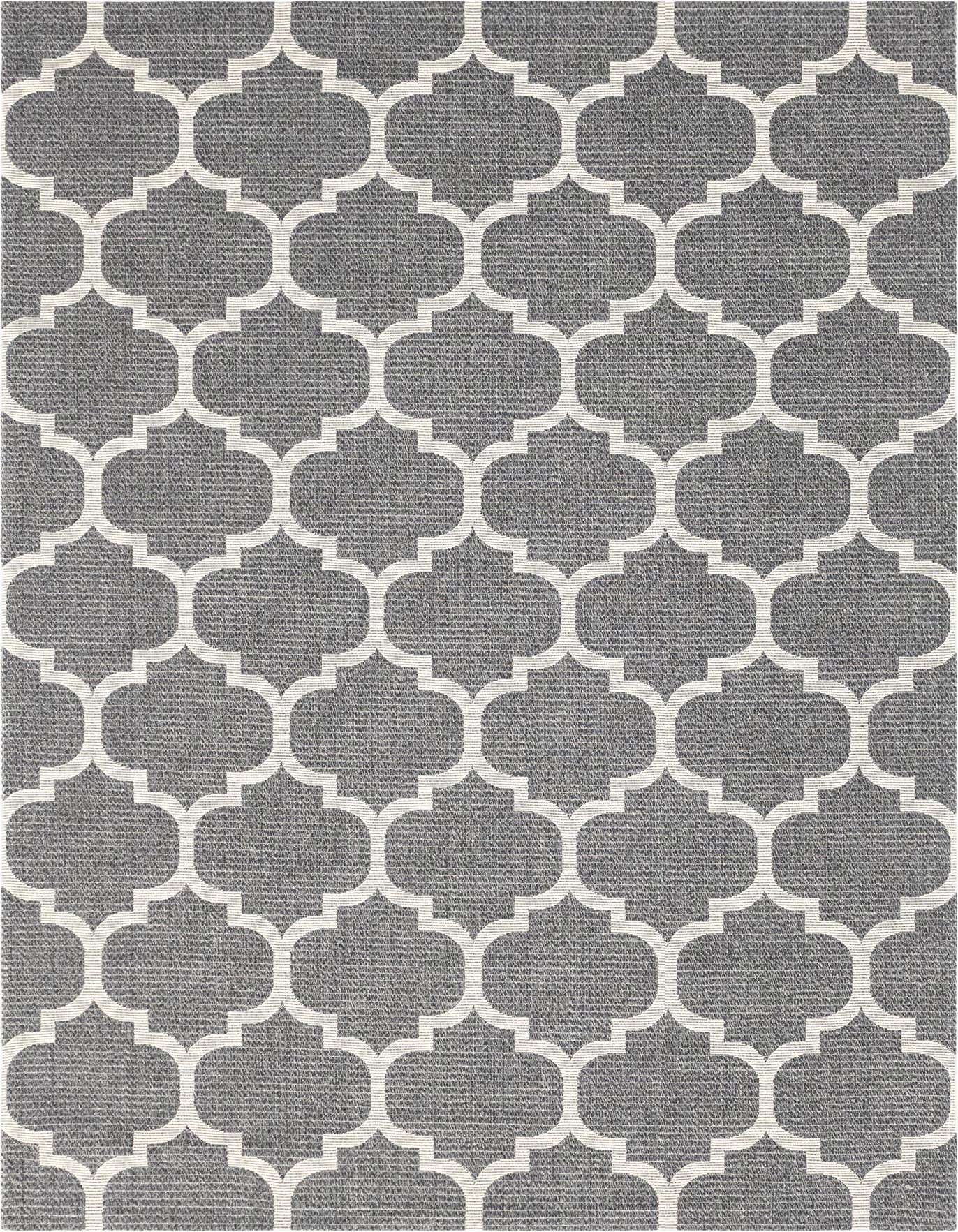 A 6x9 rectangular gray area rug with a repeating white trellis pattern, suitable for a modern living room.