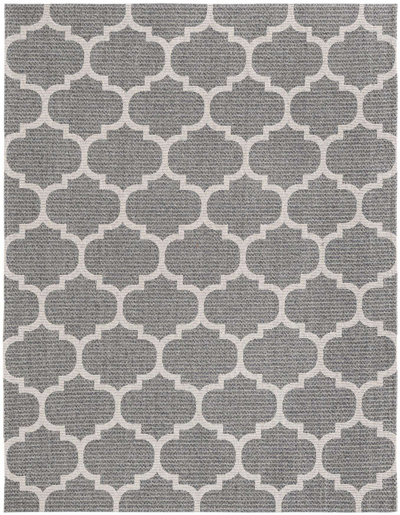 A 5x8 rectangular gray area rug with a repeating white trellis pattern, suitable for a living room.