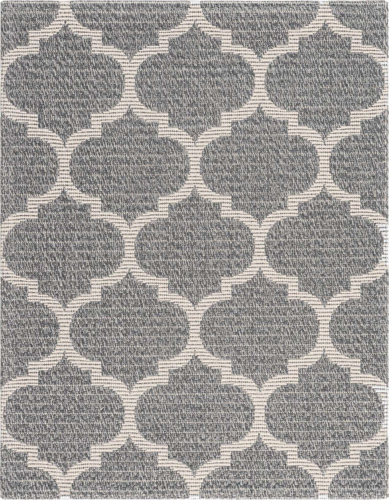 A 2x3 rectangular gray and silver flatweave rug with a repeating trellis pattern, ideal for a kitchen or entryway.